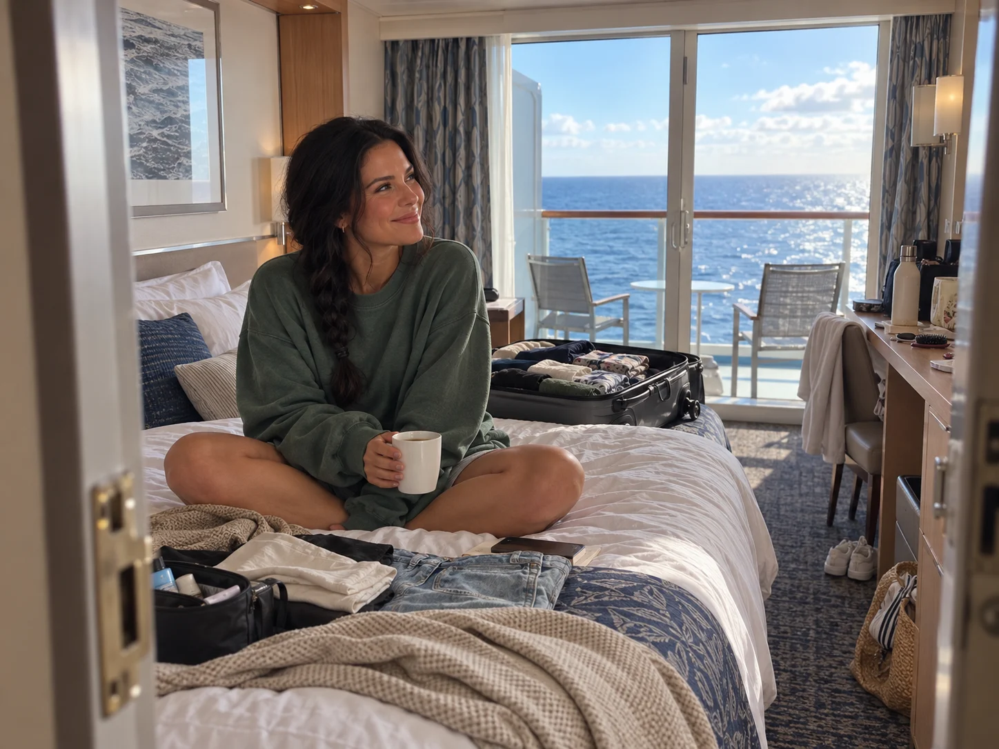 Woman happily unpacked in the same cruise cabin for consecutive sailings