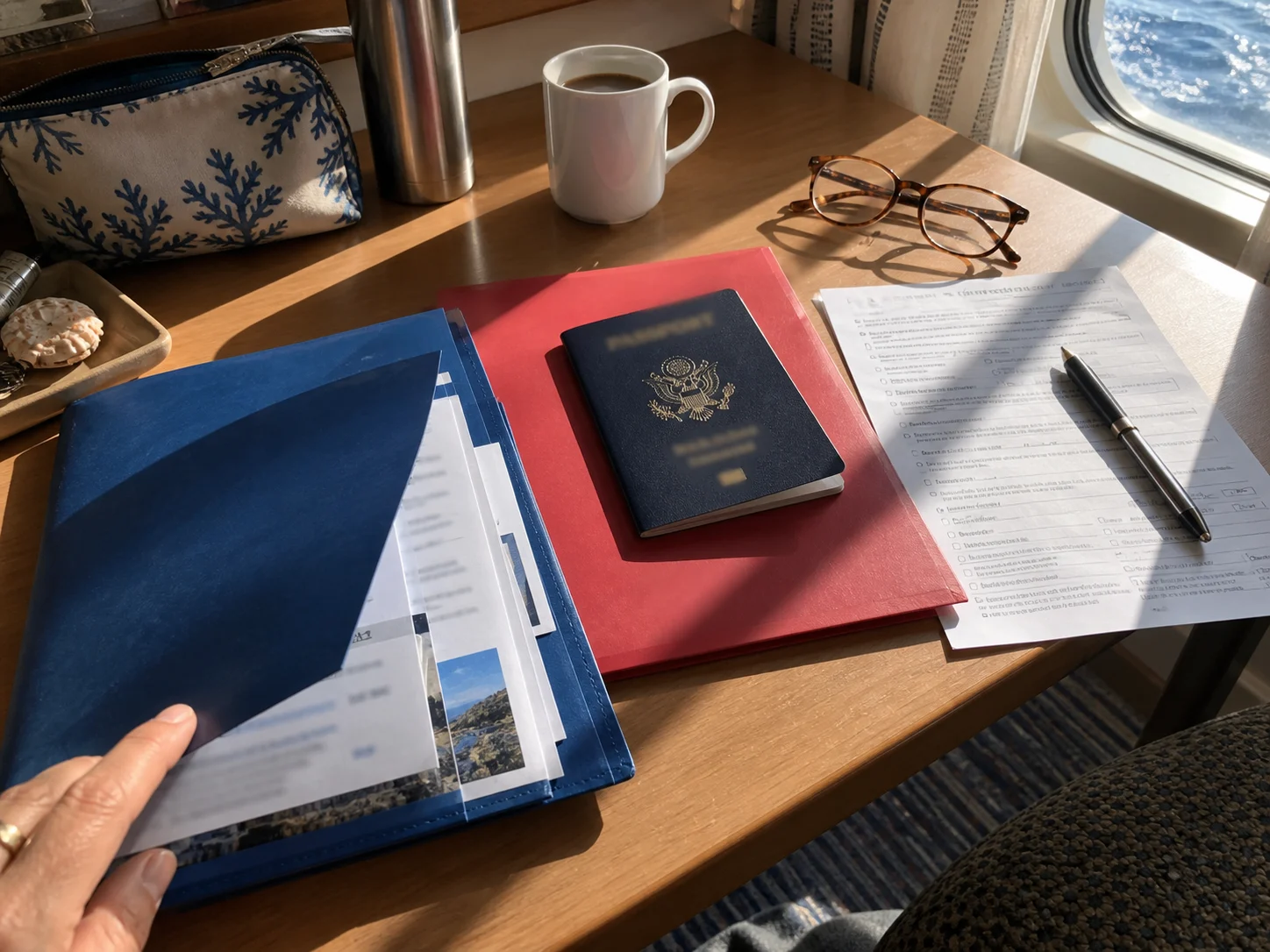 Passport and separate document folders prepared for two consecutive cruise sailings