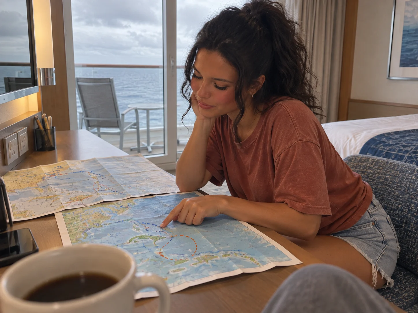 Traveler comparing two complementary cruise route maps at a cabin desk