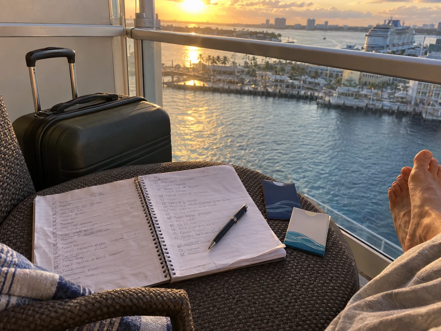 Completed back-to-back cruise checklist beside luggage on a balcony chair