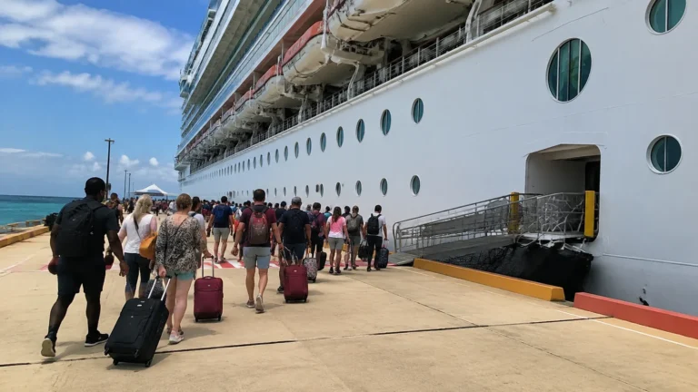 Passengers rolling luggage alongside a large cruise ship
