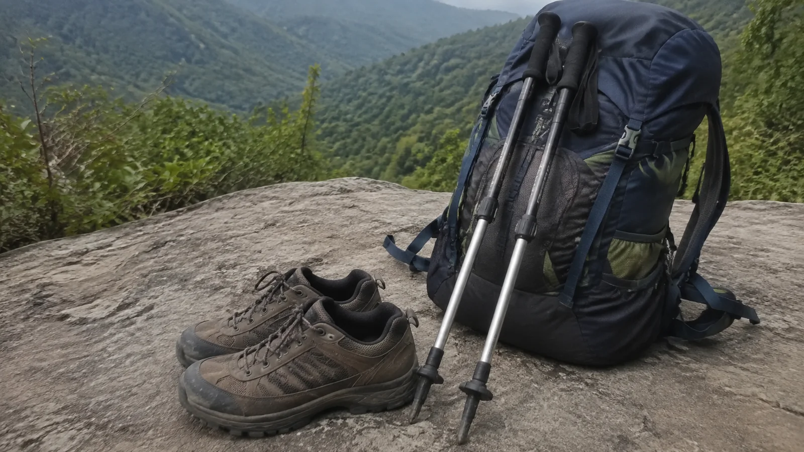 Hiking boots and trekking poles beside a backpack on a rock.