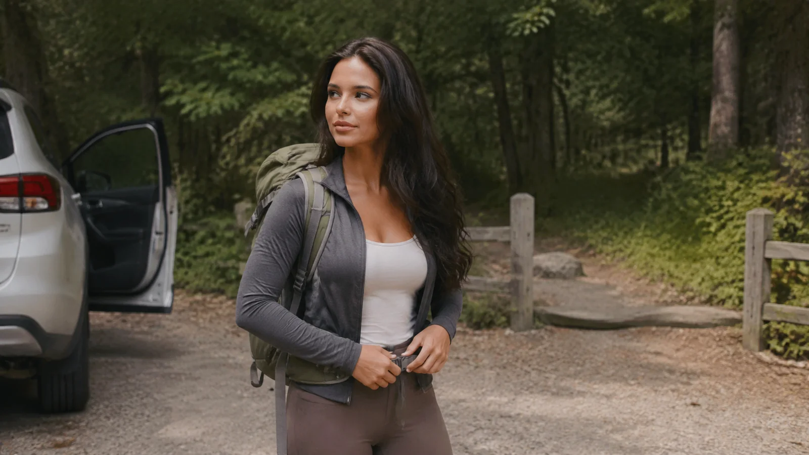 Woman adjusting a backpack beside a parked vehicle at a forest trailhead.