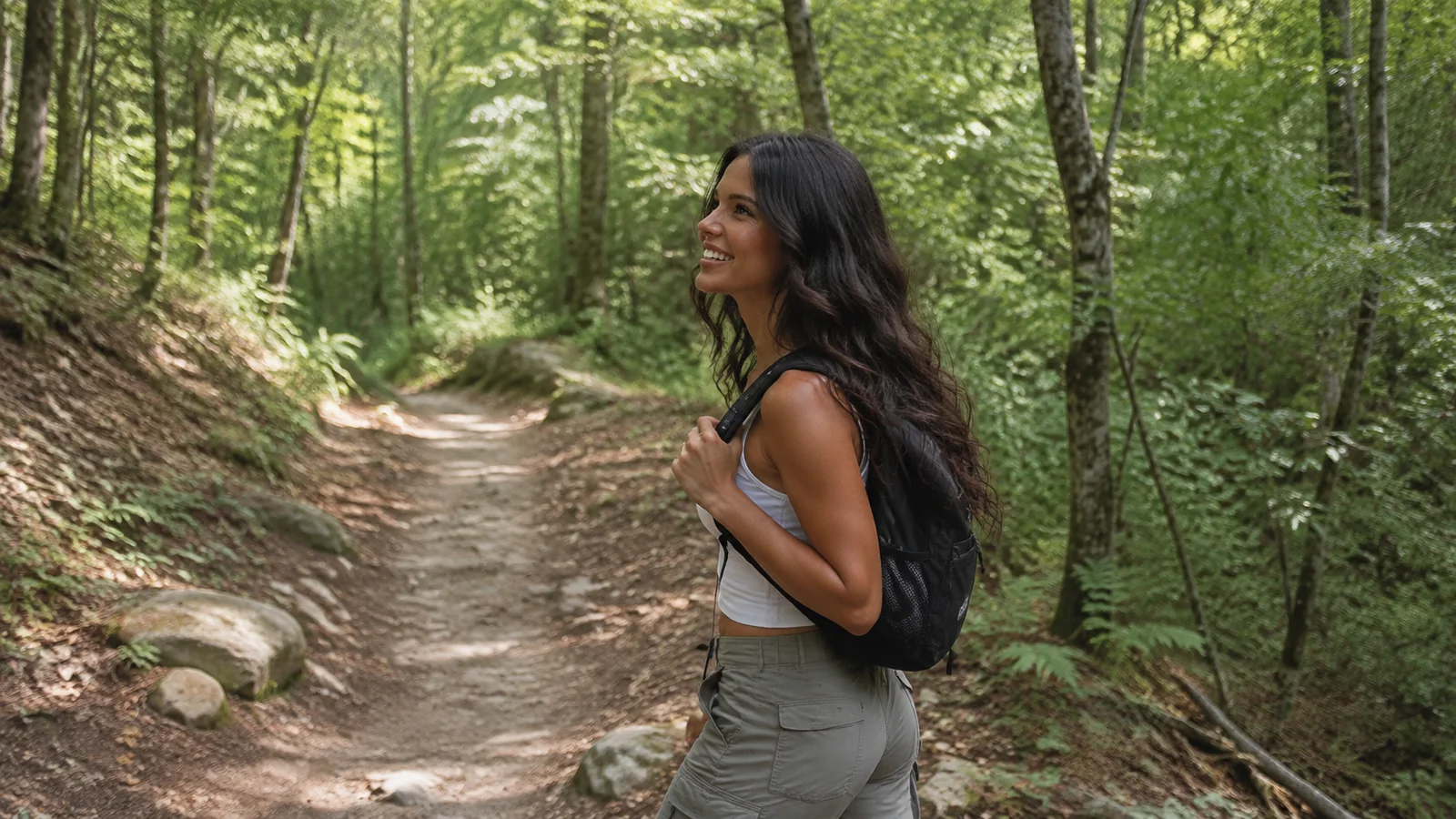 Woman hiking a wooded path with a large backpack.