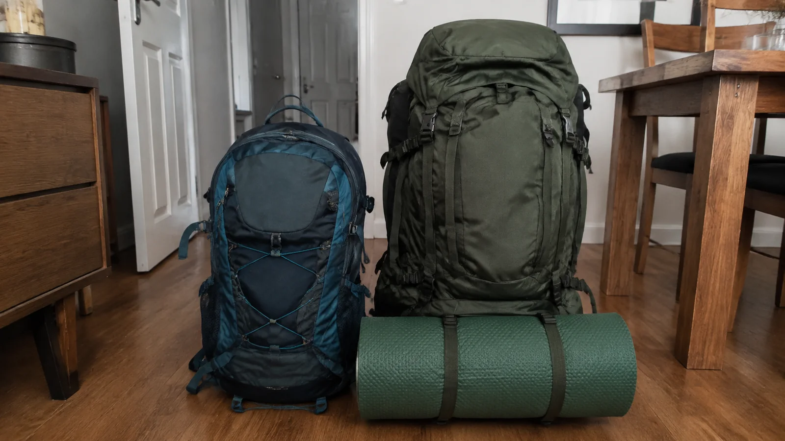 Two backpacks and a rolled sleeping mat arranged inside a room.