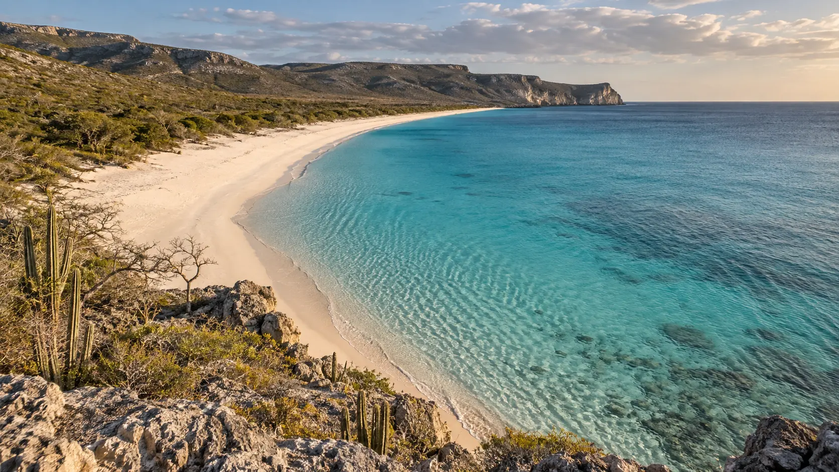 The undeveloped white-sand sweep and clear turquoise shallows of Bahía de las Águilas.