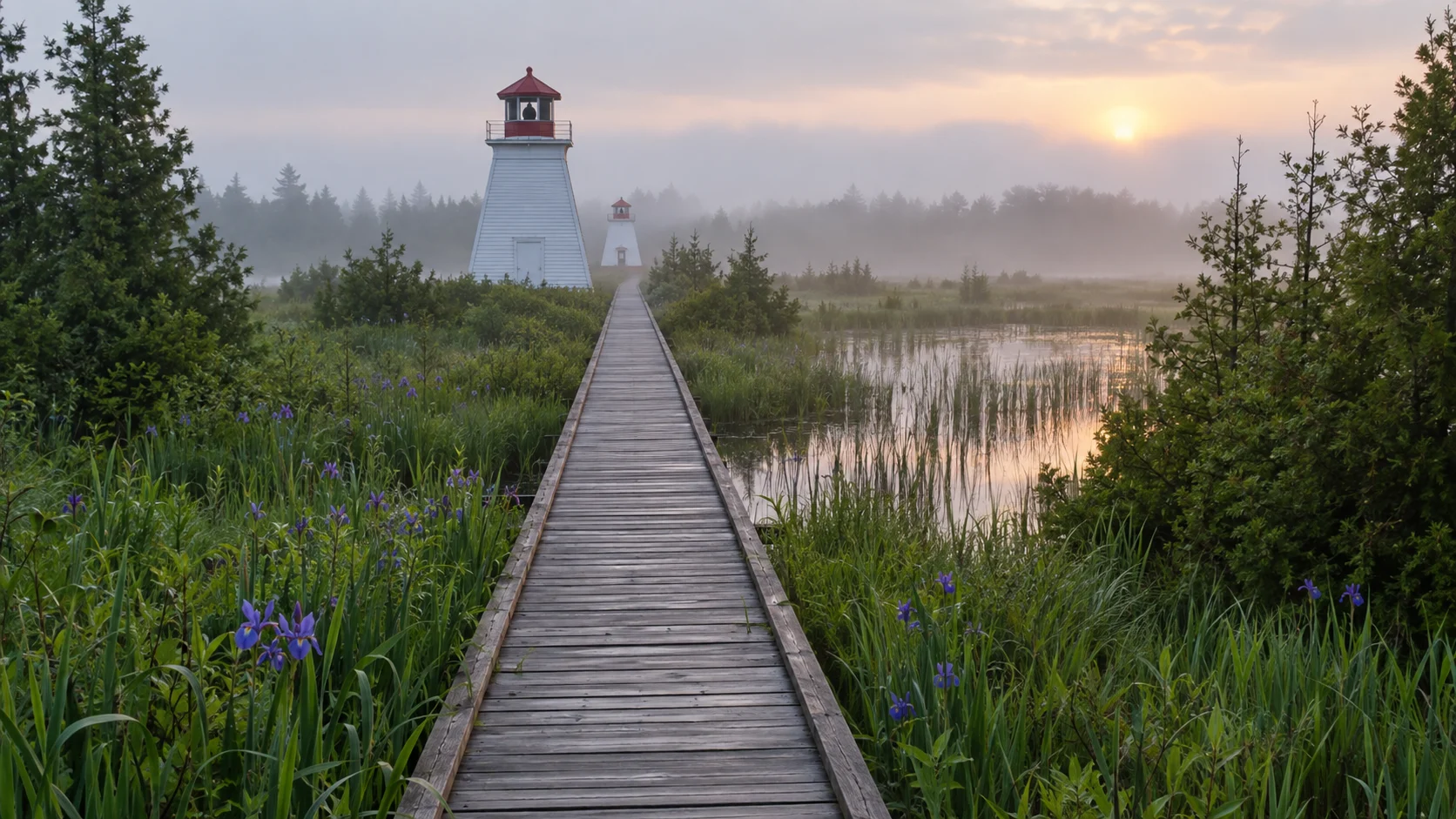 Paired Baileys Harbor Range Lights aligned along a wetland boardwalk at dawn
