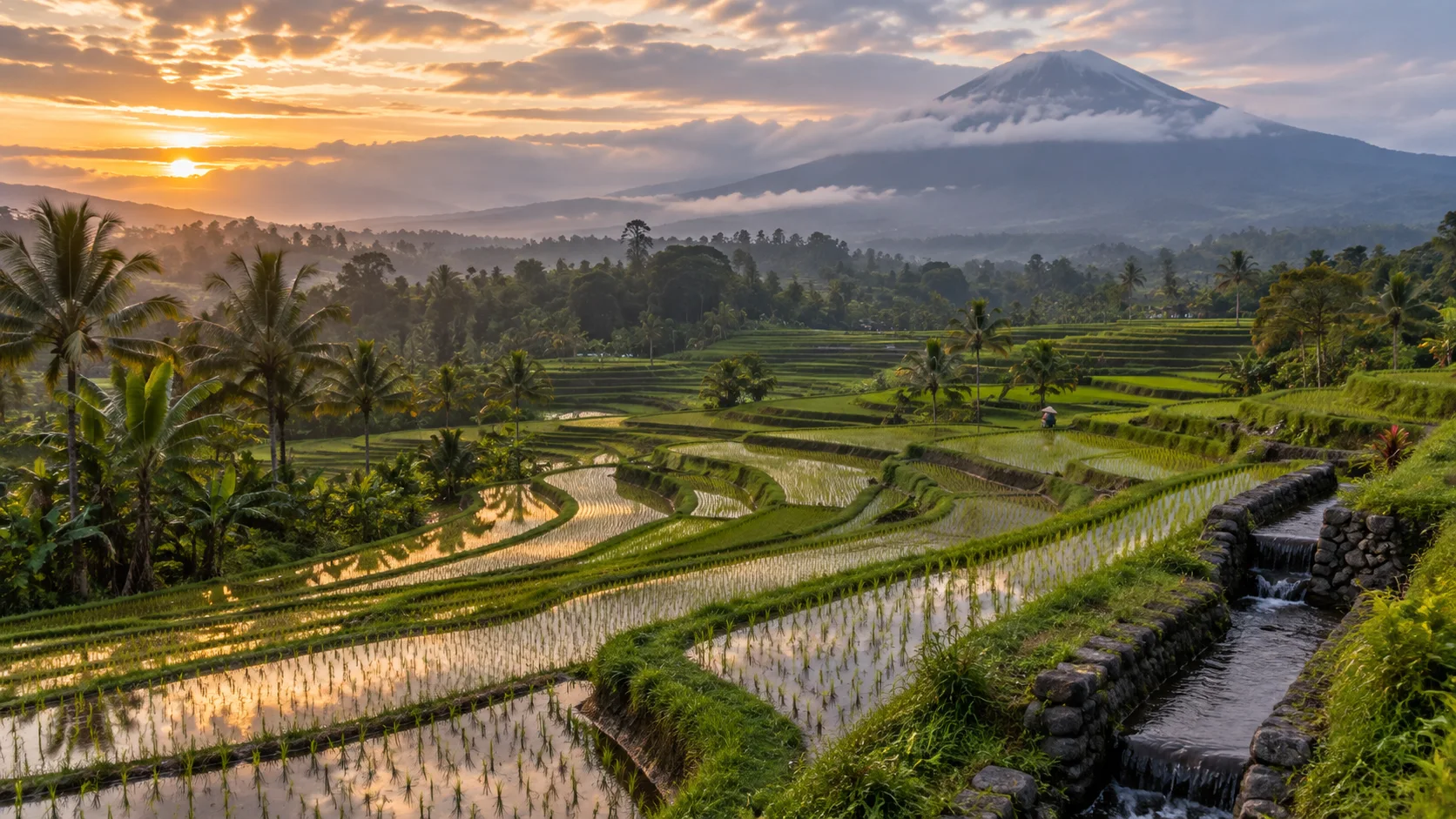 Sunrise over Bali's reflective rice terraces beneath a cloud-wrapped mountain.