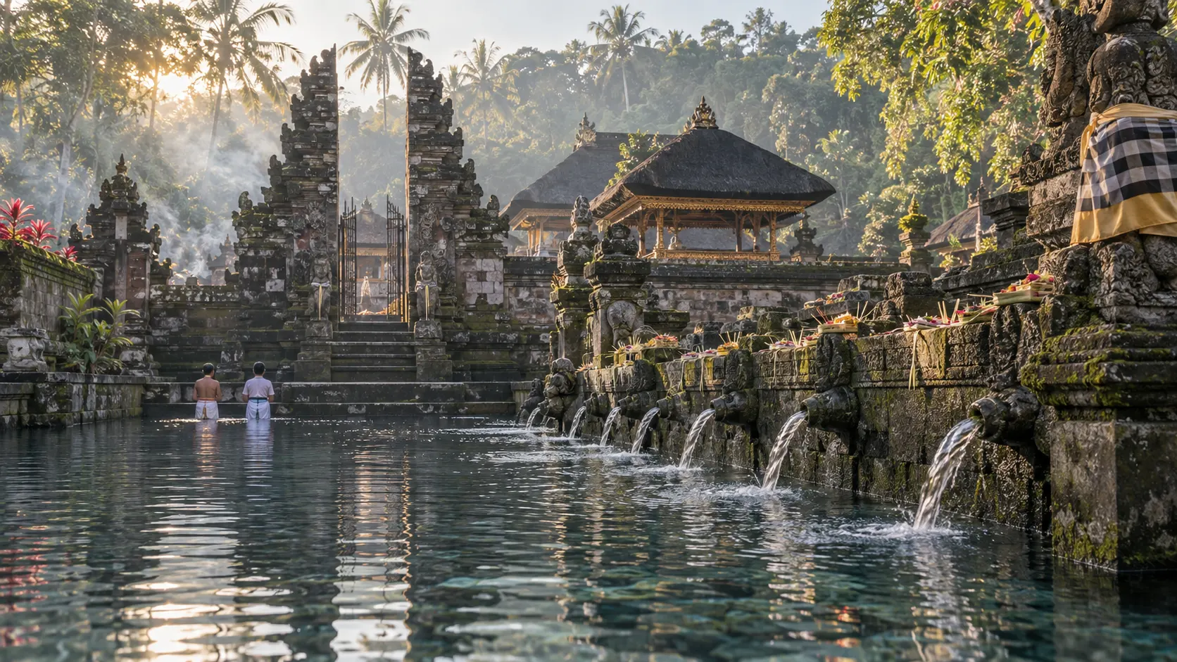 Sacred spring pools and carved temple gates at Tirta Empul in Bali at sunrise