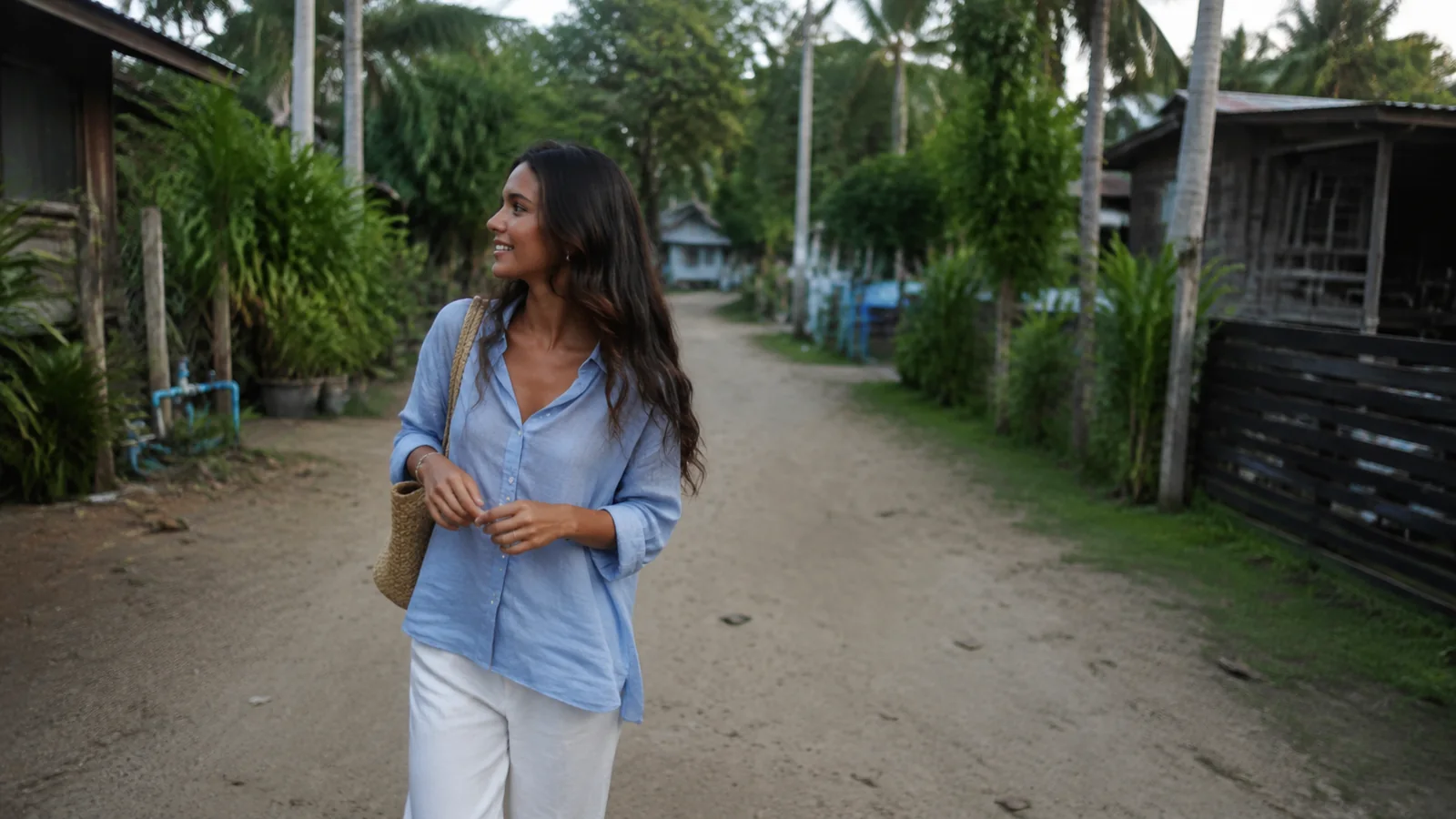 Woman walking along a sandy village lane bordered by wooden houses.