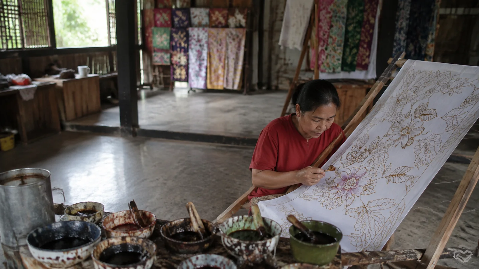 Artisan painting floral designs on fabric stretched across a frame.