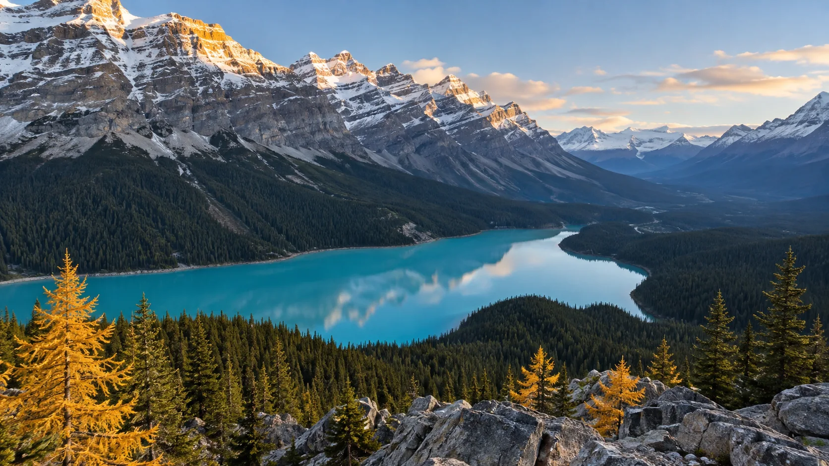 Peyto Lake glows turquoise beneath snowy peaks in Banff National Park, Canada.