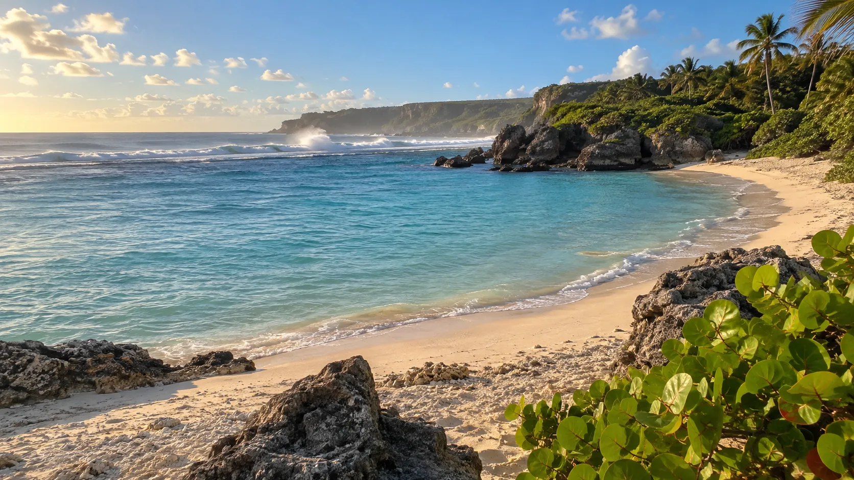 Calm turquoise Barbados cove curving toward a rugged Atlantic headland