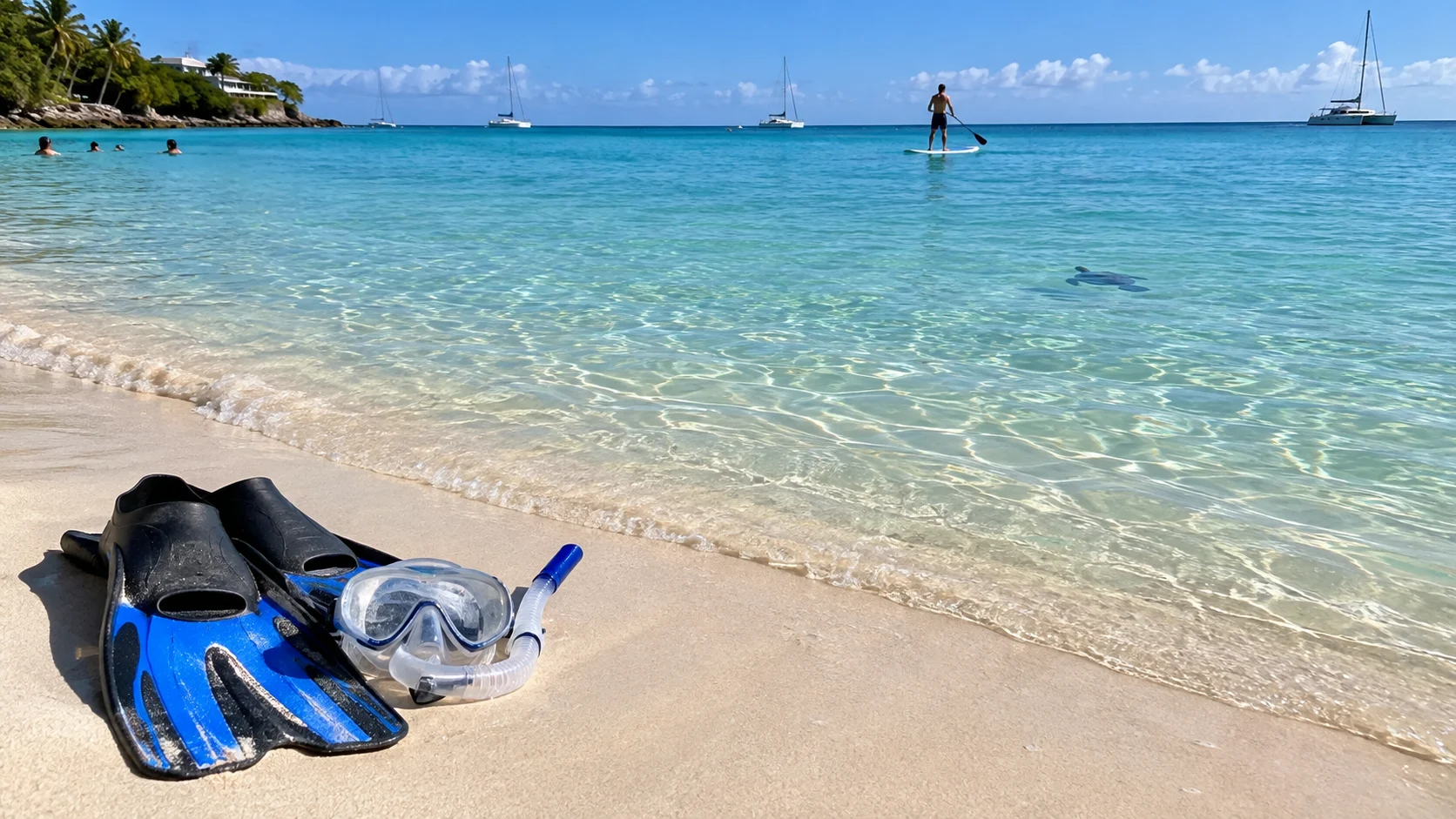 Snorkel gear on Carlisle Bay beach with a paddleboarder offshore