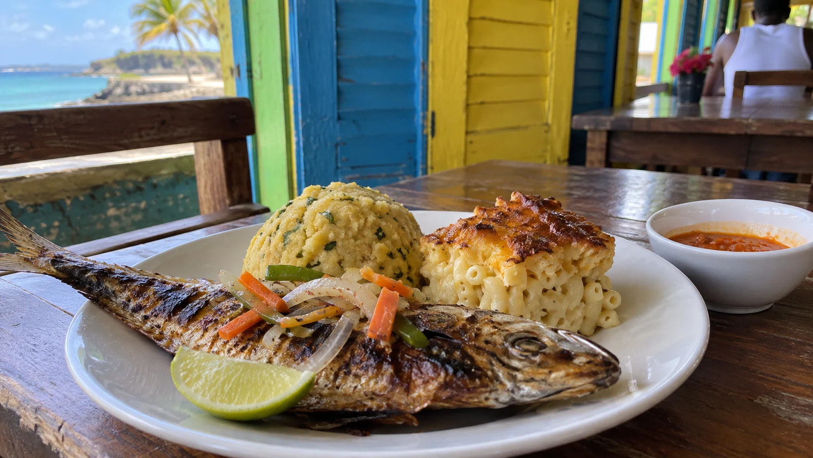 Flying fish, cou-cou, and macaroni pie served at a Barbados rum shop