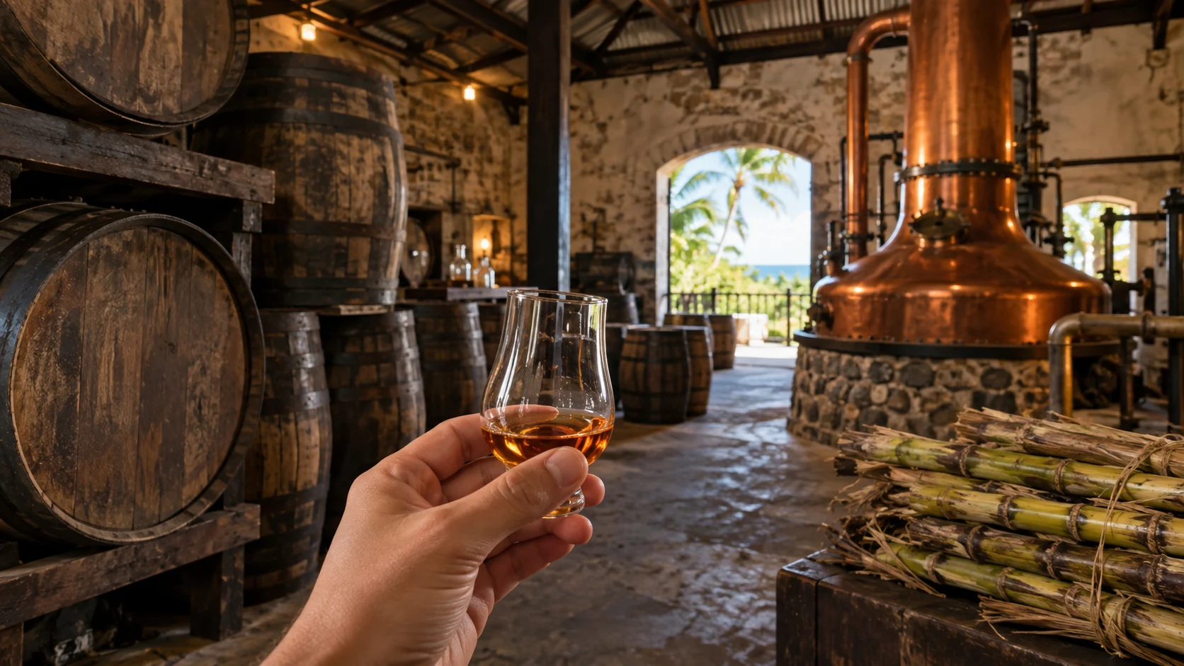 Wooden barrels and a copper still inside a historic Barbados rum distillery
