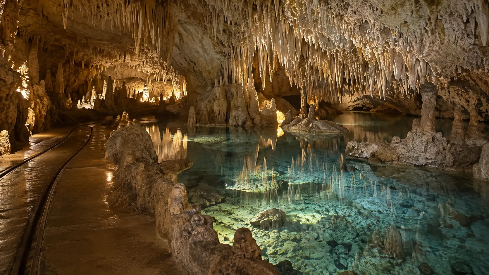 Limestone formations and an underground pool in Harrison's Cave