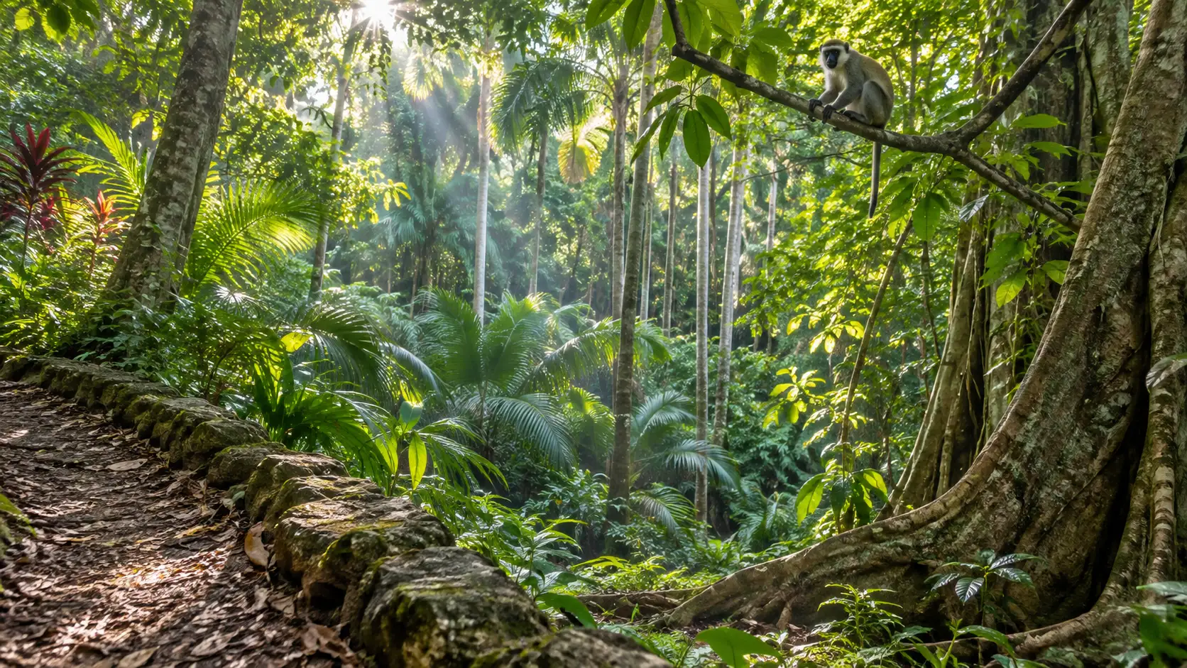 Green monkey among palms in a lush Barbados tropical gully