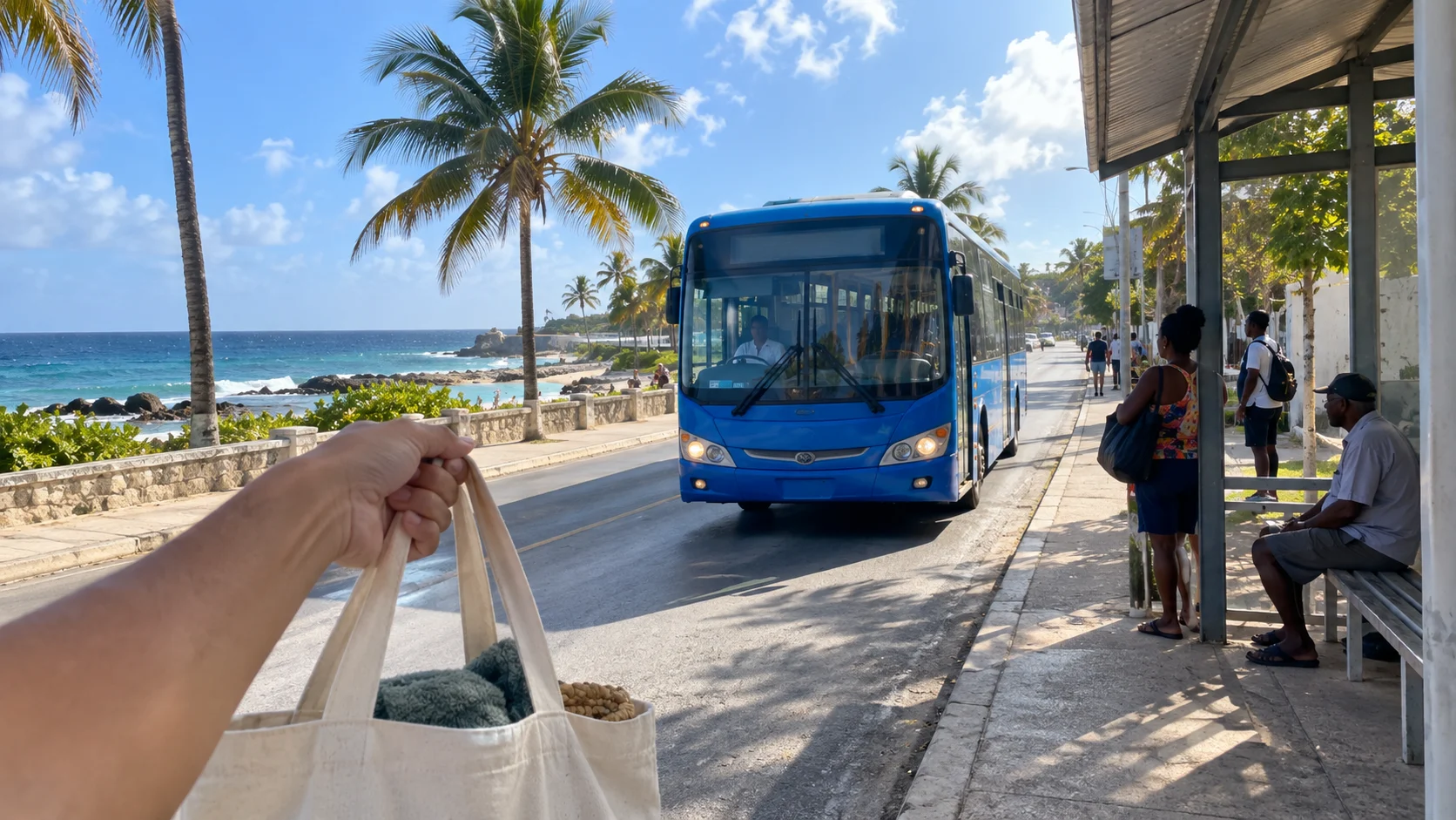 Blue public bus arriving at a palm-lined coastal stop in Barbados