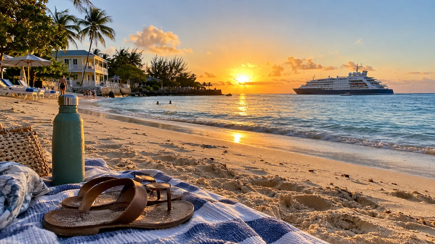 Carlisle Bay guesthouse and beach with a cruise ship offshore