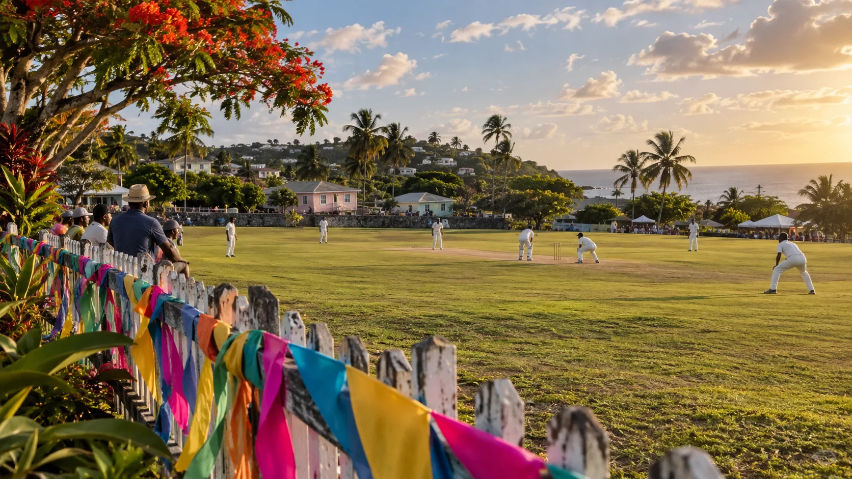 Village cricket match with colorful festival ribbons in Barbados