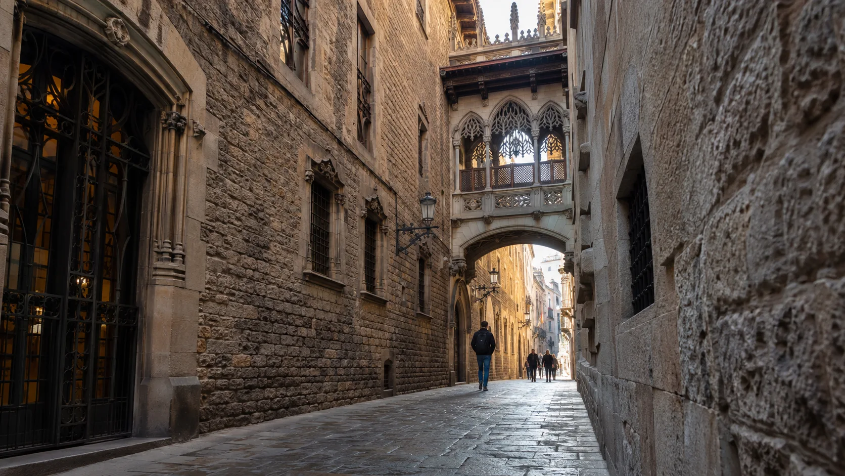Quiet medieval lane in Barcelona's Gothic Quarter.