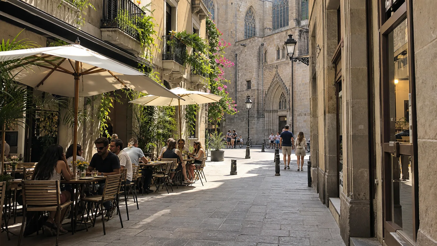 Cafe tables and stone facades in Barcelona's El Born district.