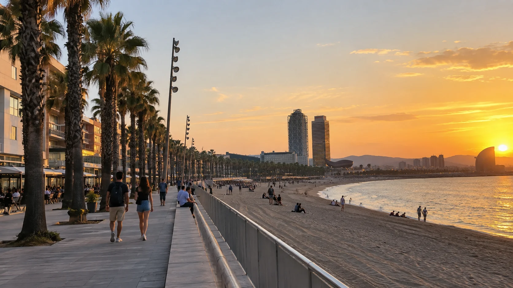 Barceloneta beach and waterfront promenade in evening light.
