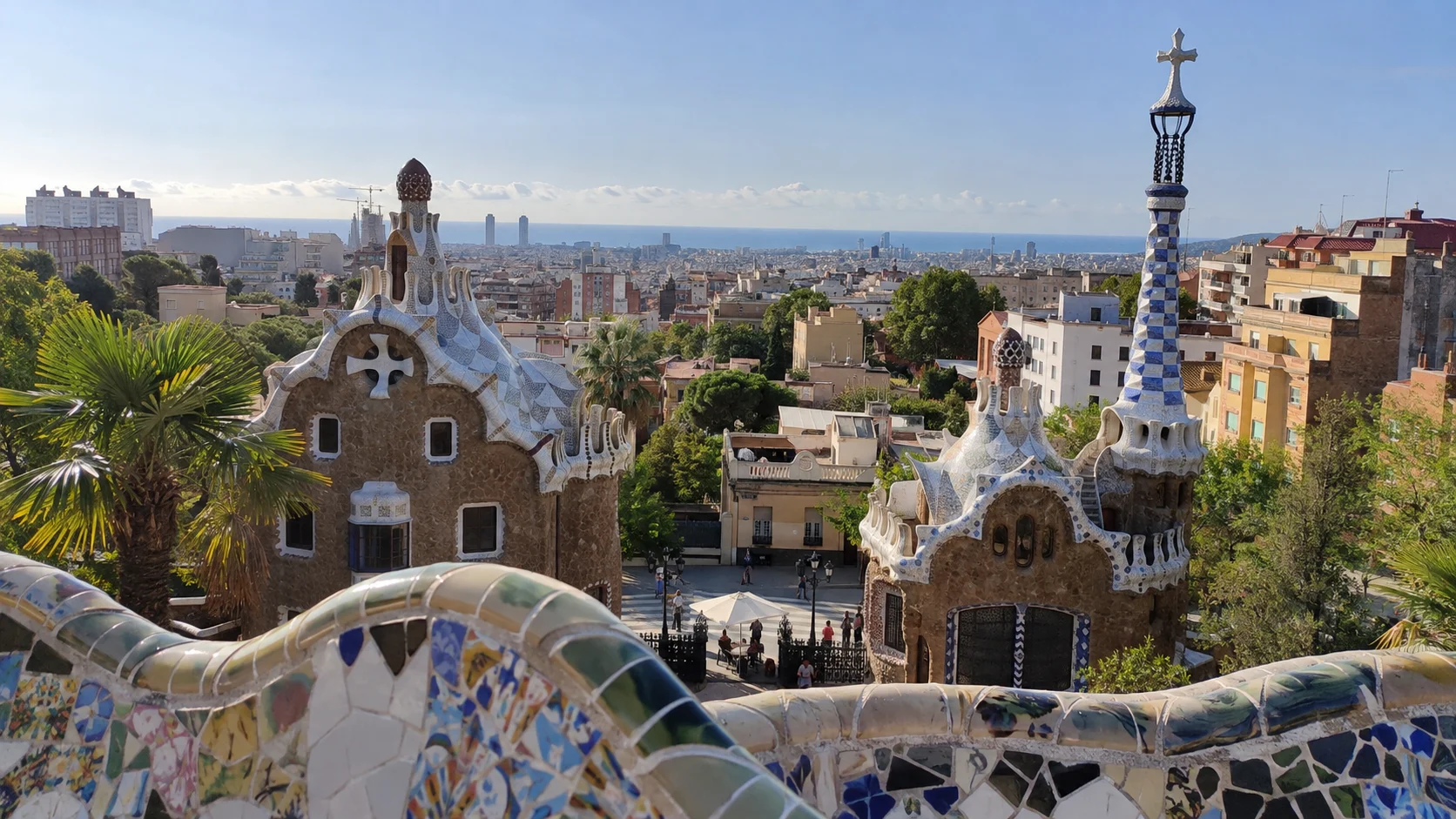 Park Güell mosaic architecture overlooking Barcelona.