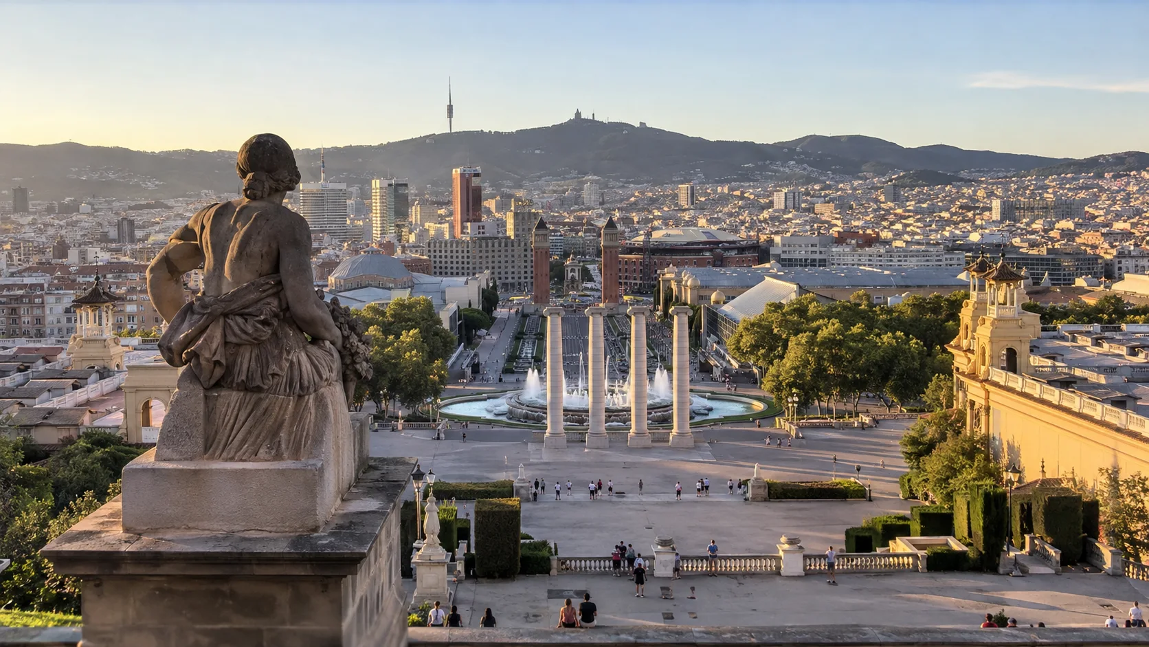 Montjuïc palace and city panorama in Barcelona.