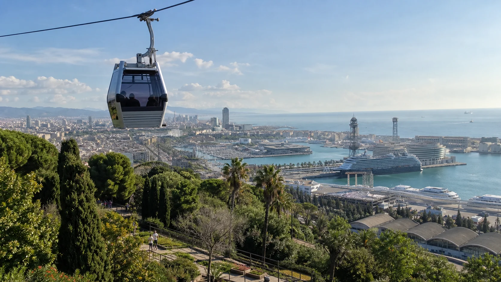 Montjuïc cable car above gardens and Barcelona harbor.