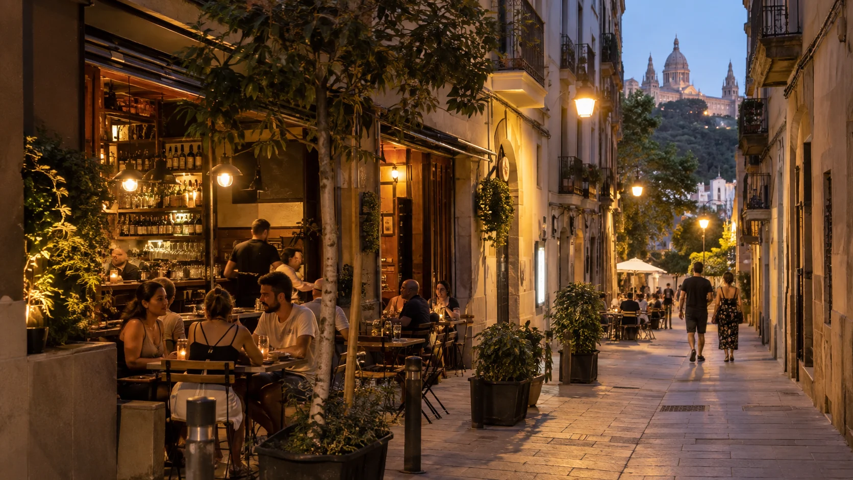 Warm evening atmosphere on a tapas street in Poble-sec.