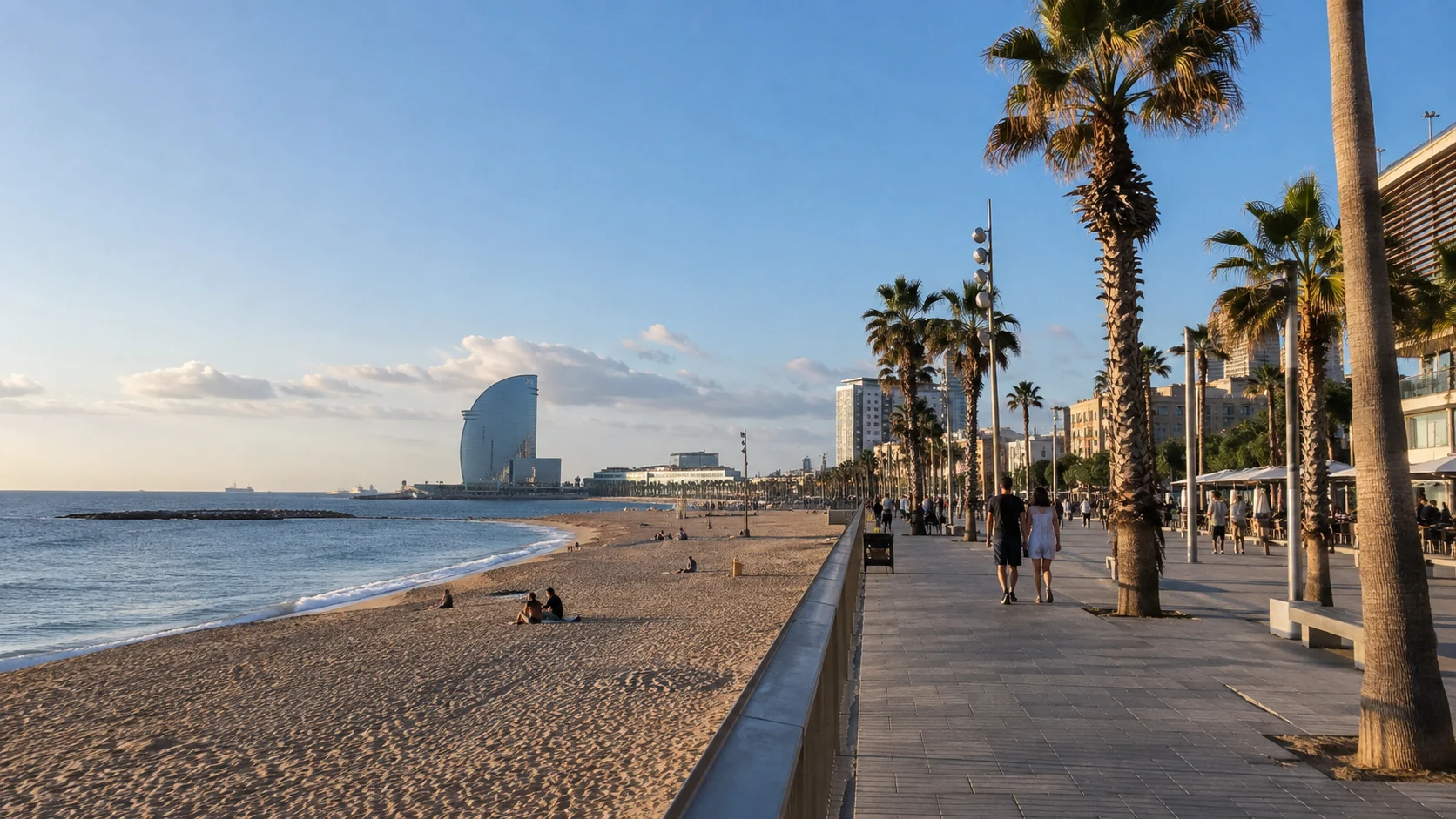 Relaxed beach and waterfront promenade in Poblenou.