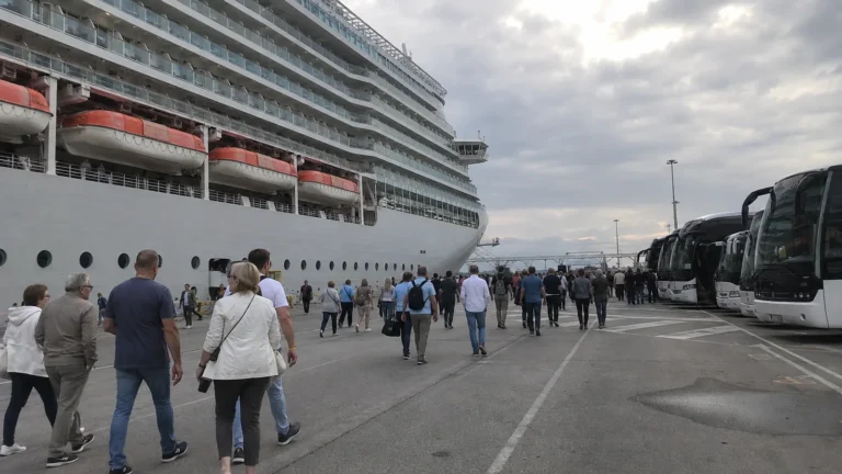 Cruise passengers walking between a docked ship and waiting coaches.