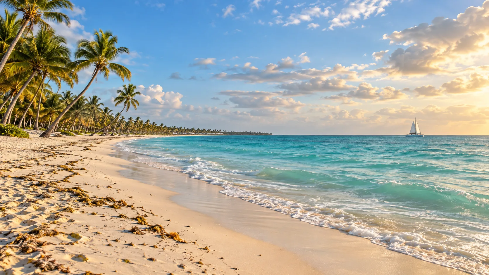 The broad palm-lined shore of Bávaro Beach in Punta Cana beneath scattered morning clouds.