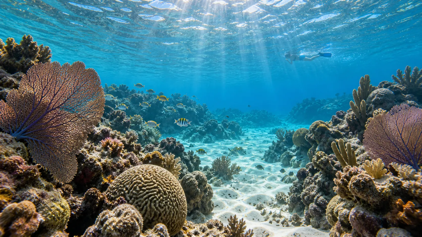 A snorkeler above a clear coral reef with sea fans and tropical fish off Bayahibe.