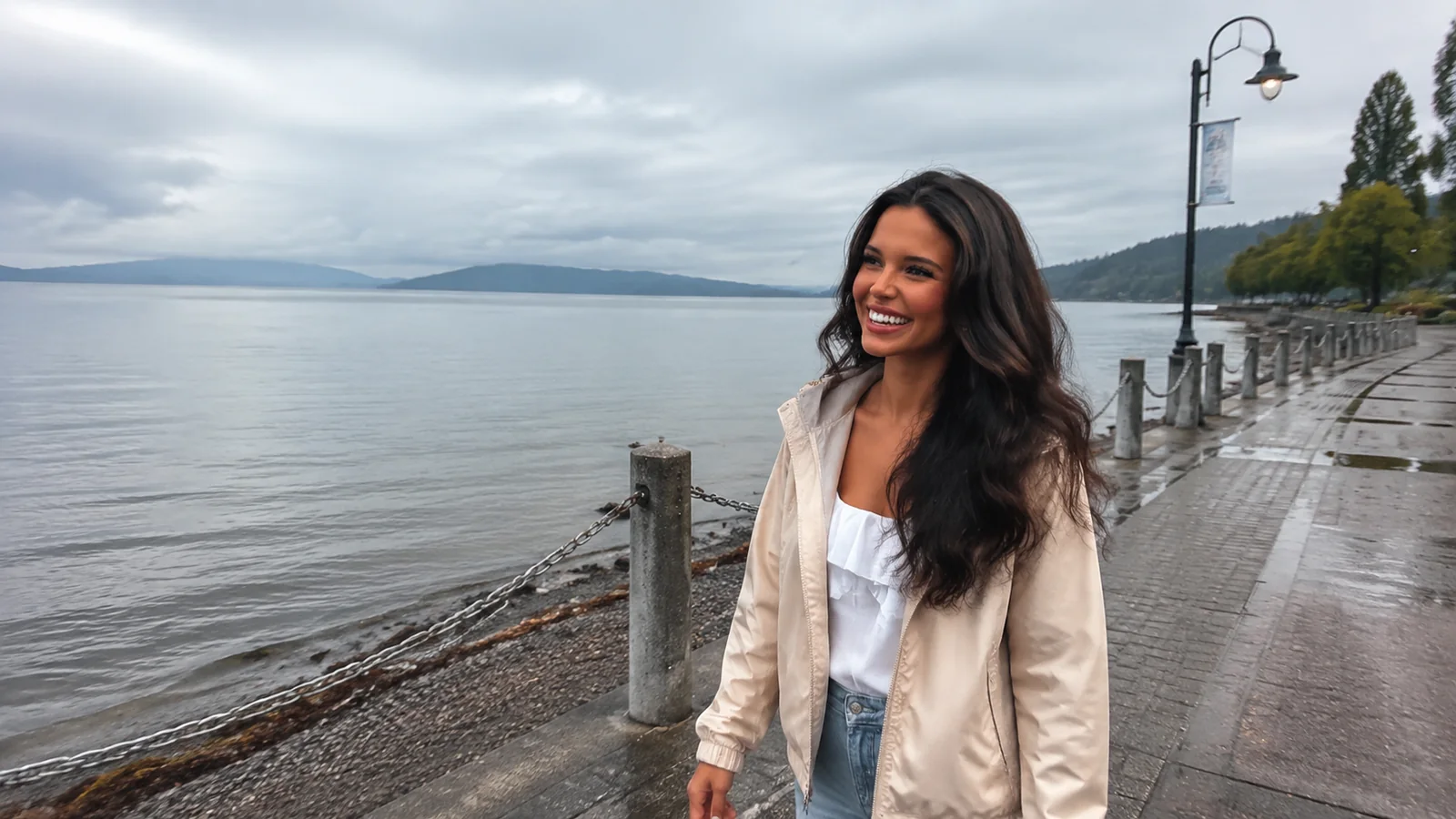 Woman walking a wet waterfront promenade beneath cloudy skies.