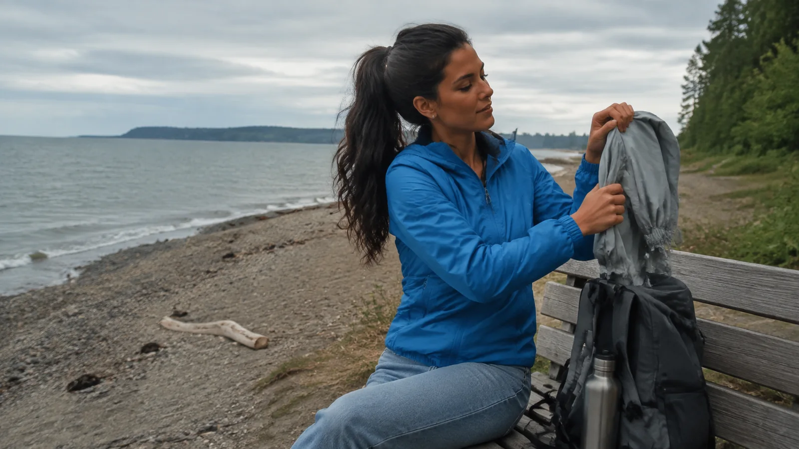 Woman packing a gray layer into a backpack on a beachside bench.