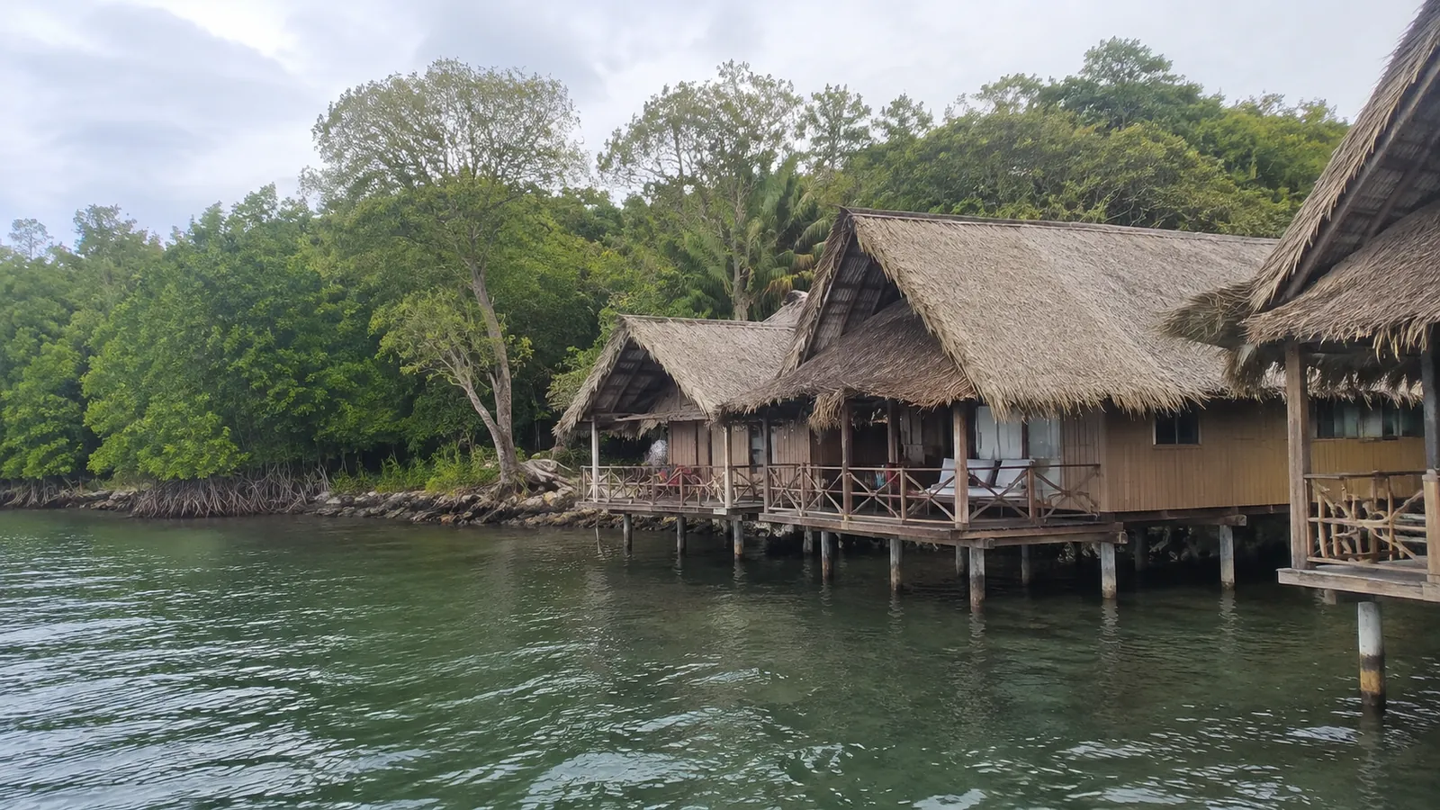 Thatched waterfront cabins beside dense mangrove trees.