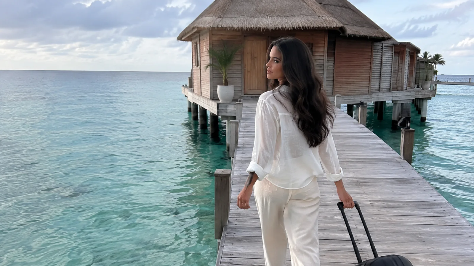 Woman wheeling a suitcase along a boardwalk toward an overwater bungalow.