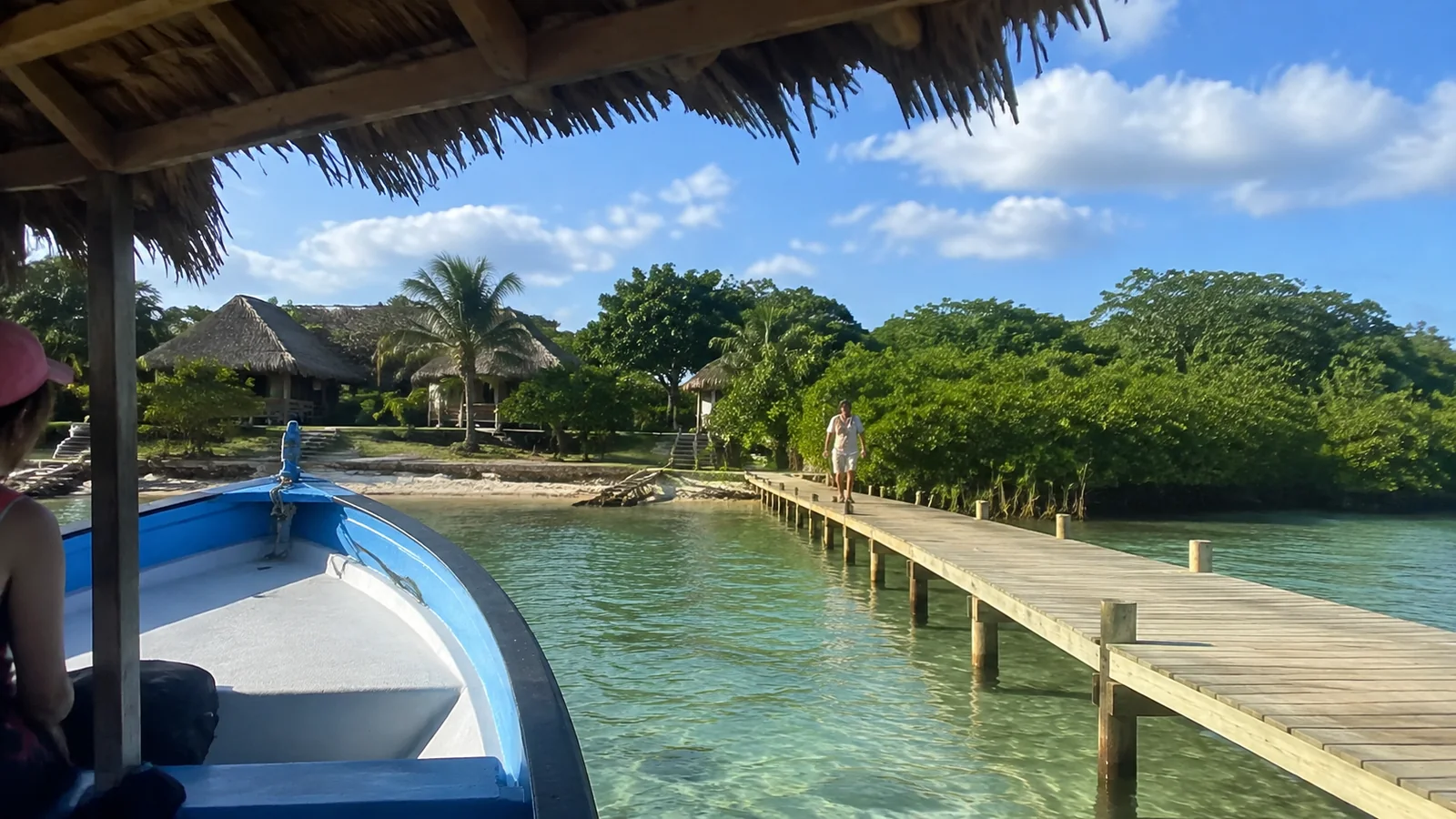 Small boat beside a long dock leading to a palm-lined island.