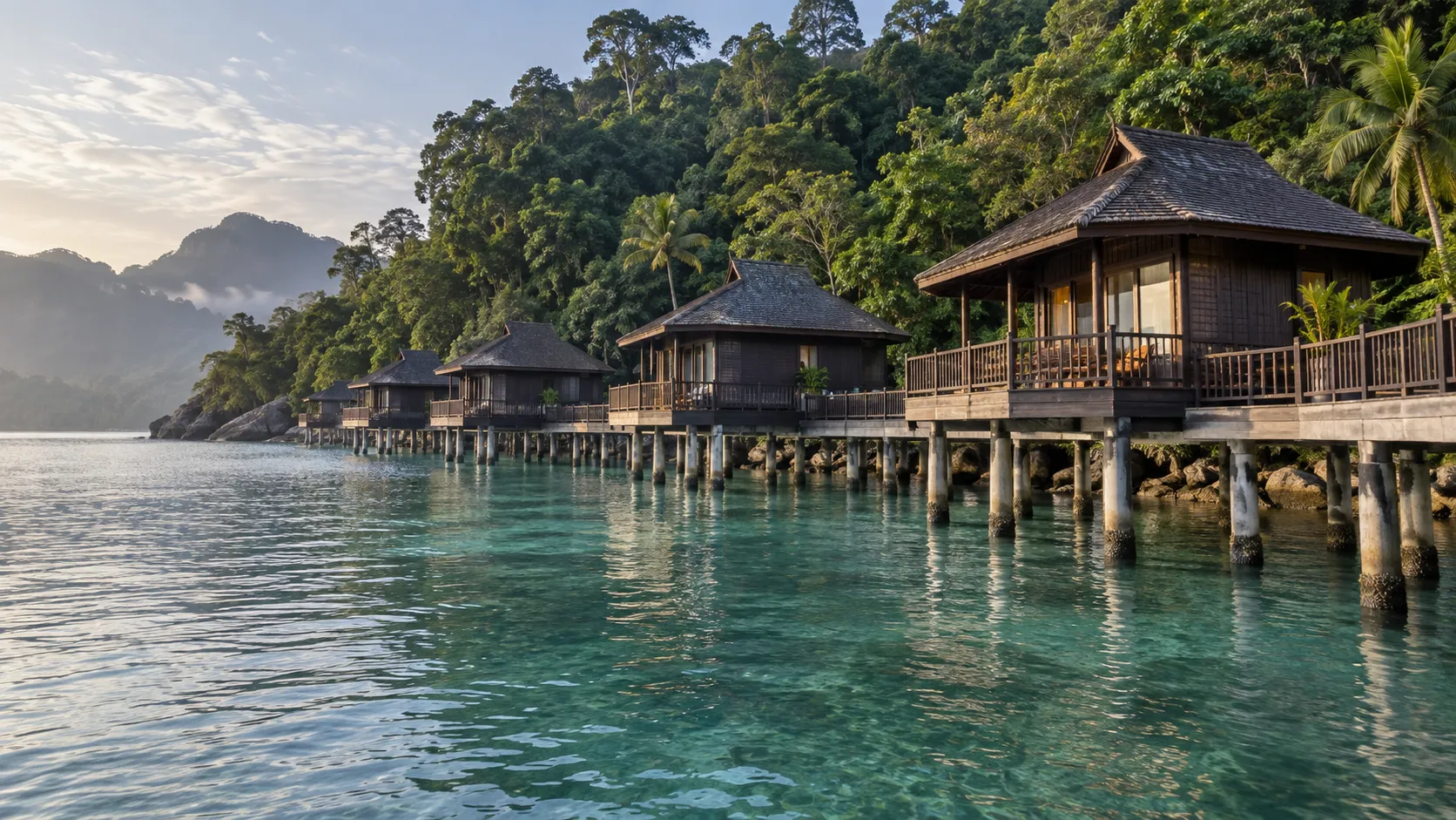 Dark timber overwater chalets at Berjaya Langkawi Resort beside rainforest-covered Burau Bay.