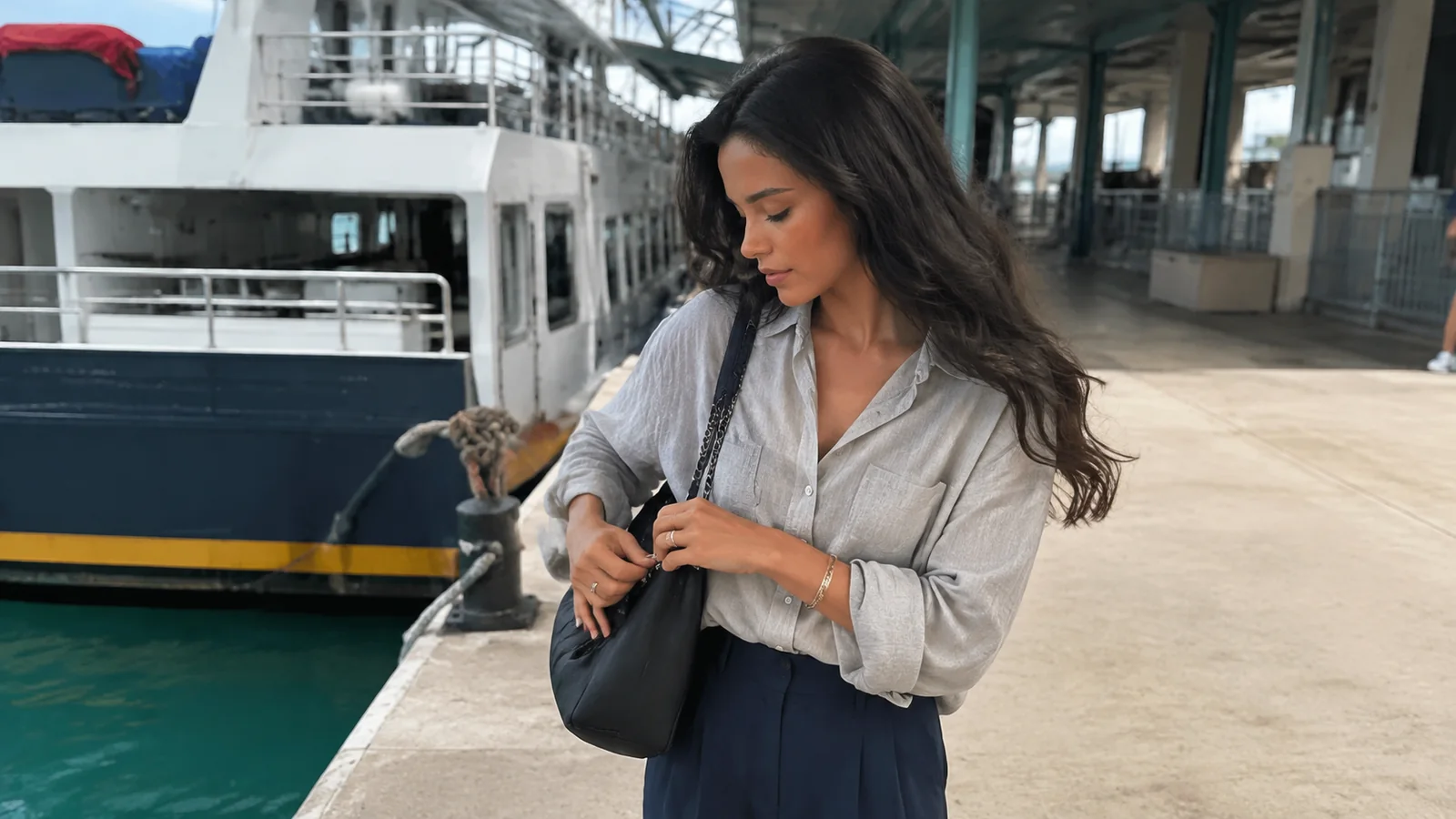 Woman checking her bag beside a docked passenger ferry.