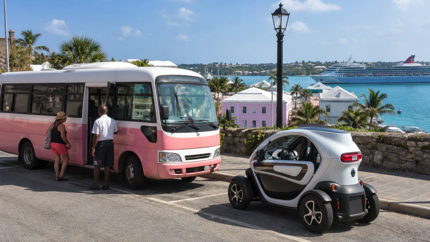 Beach shuttle and compact electric vehicle near a Bermuda port.