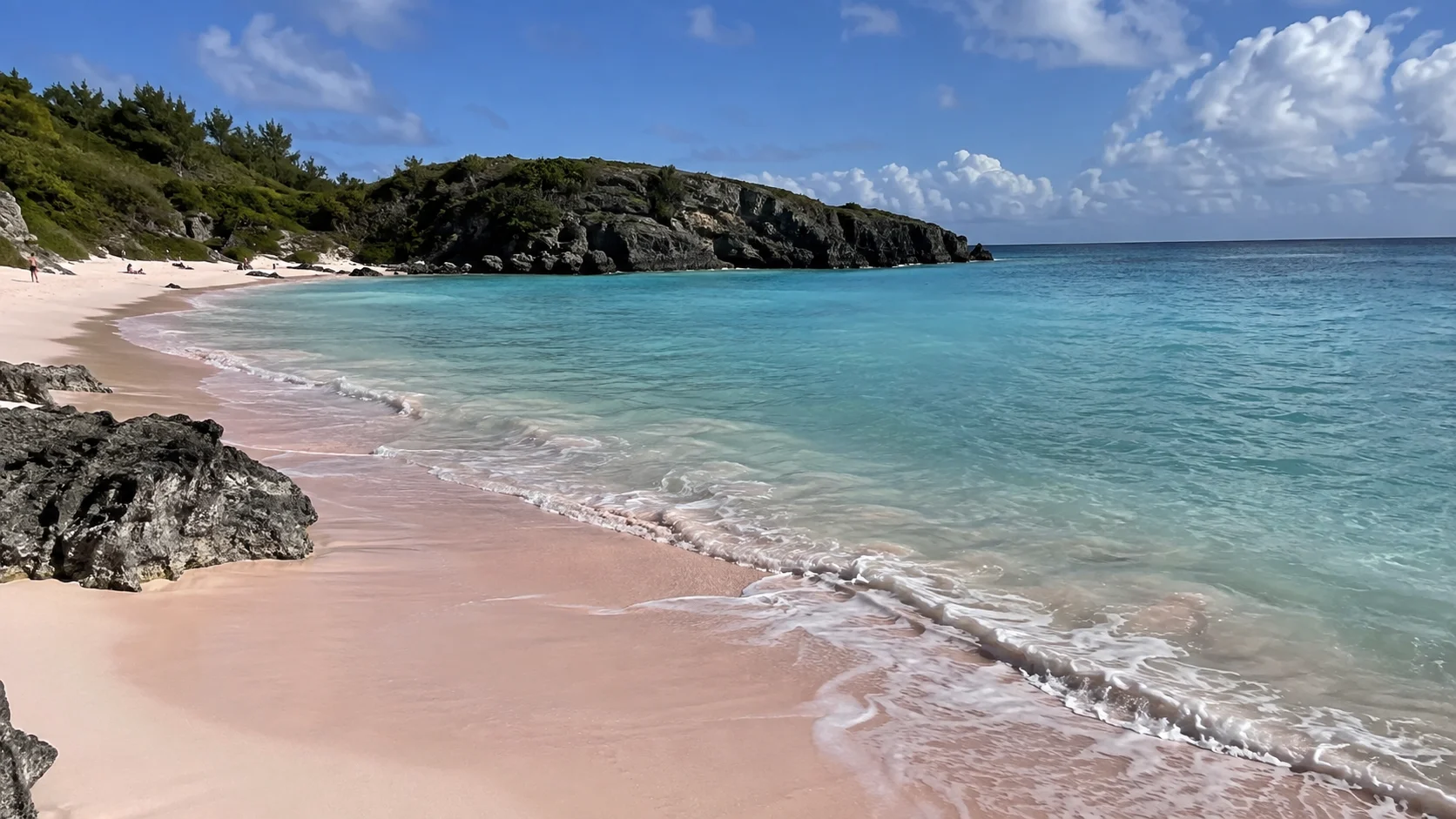 Pink sand and clear water at Horseshoe Bay in Bermuda.