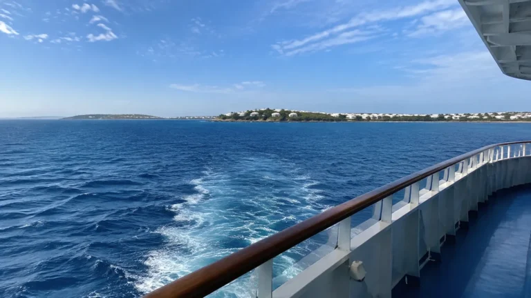 Ship's wake curving through deep blue water near a low coastline.