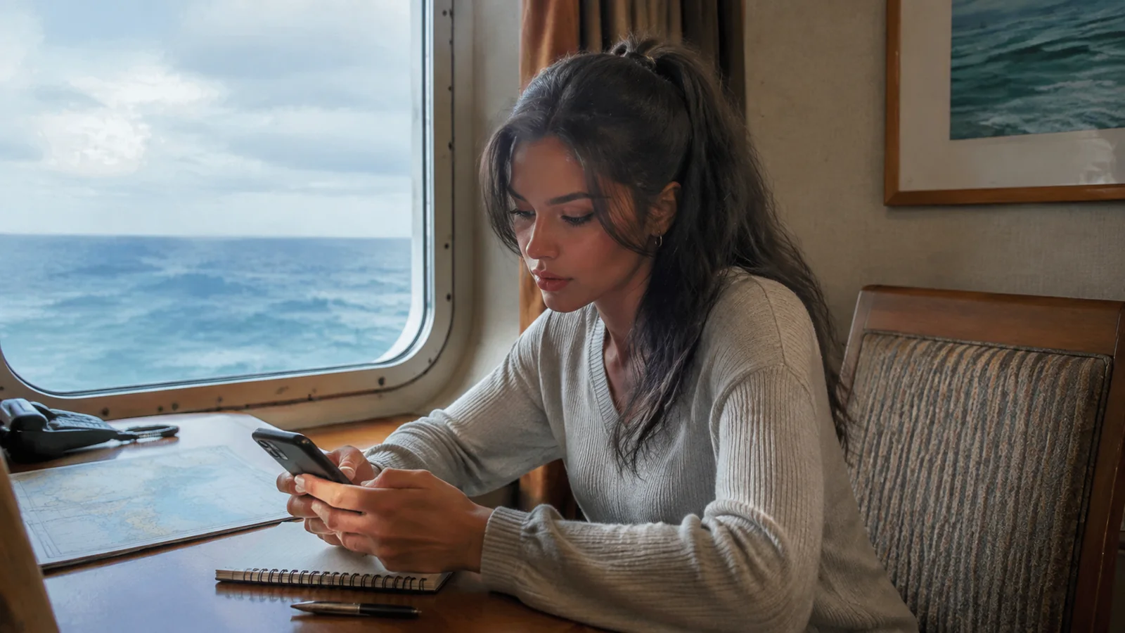 Woman checking her phone beside a notebook at a ship window.
