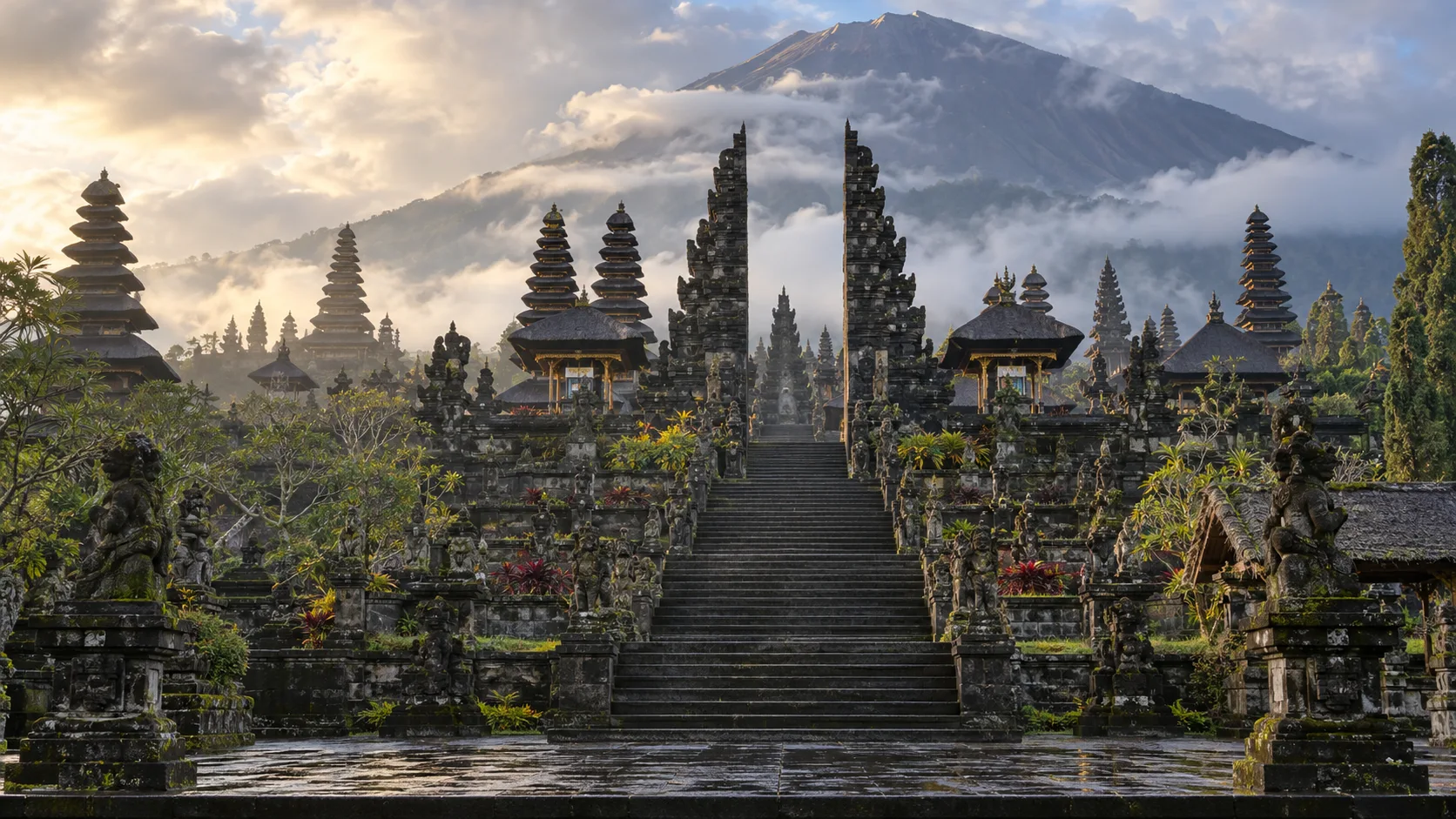 Besakih's split gates and tiered meru roofs climb toward cloud-wrapped Mount Agung in Bali.