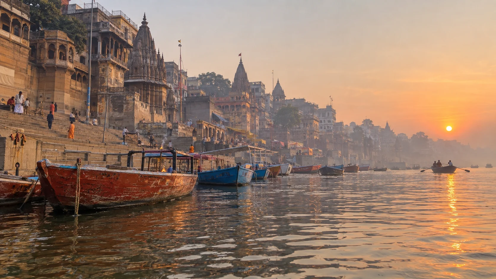 Boats and sandstone ghats along the Ganges in Varanasi, India, at sunrise