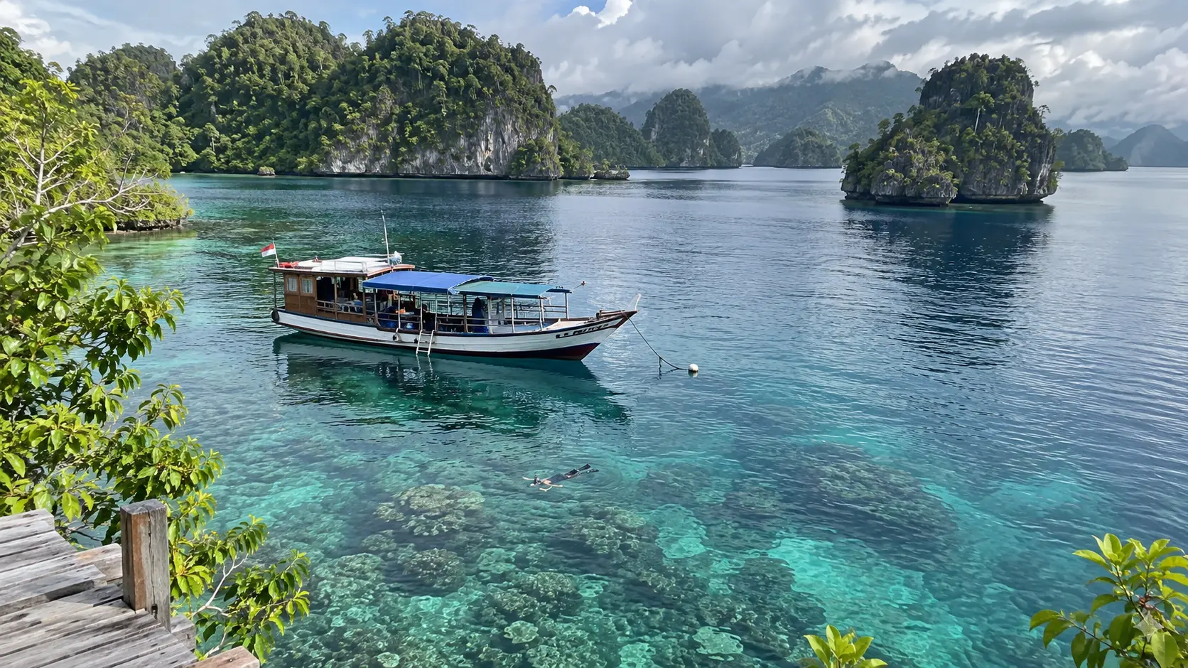Dive boat among the jungle-covered islands of Raja Ampat, Indonesia